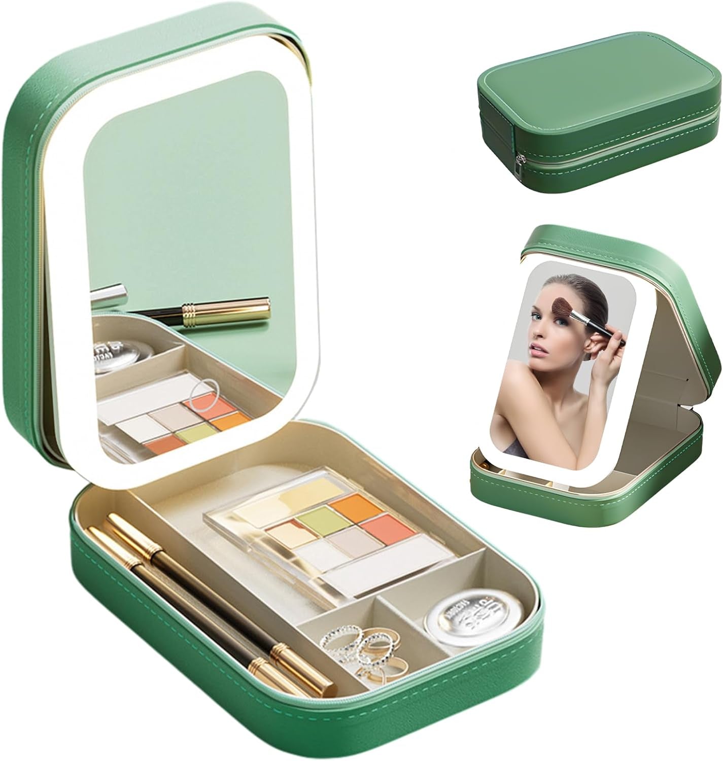 Travel Makeup Case with Led Mirror, Portable Makeup Box with Light, Gift for Women (Green)