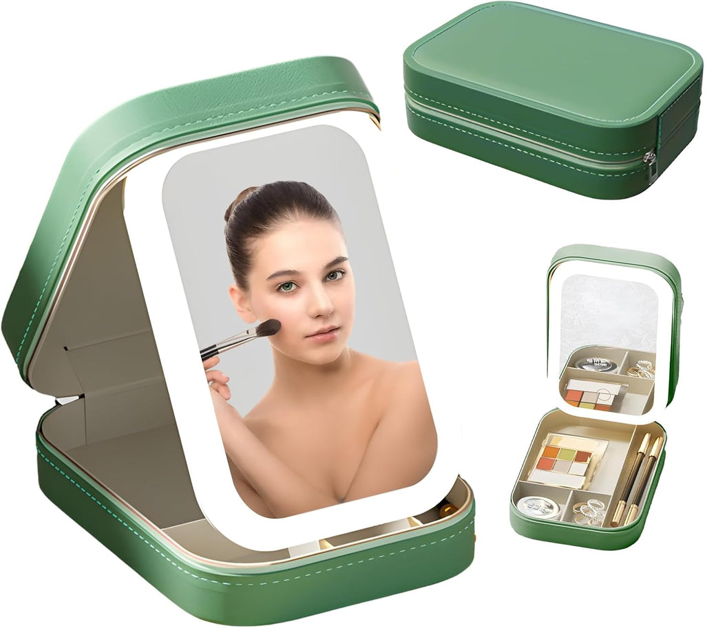Travel Makeup Case with Led Mirror, Portable Makeup Box with Light, Gift for Women (Green)