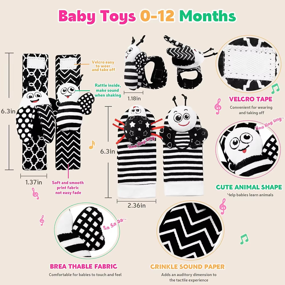 Foot Finders & Wrist Rattles for Infants Toys Black and White Sensory Toys Baby Essentials for Newborn Wrist Rattle Baby Gifts