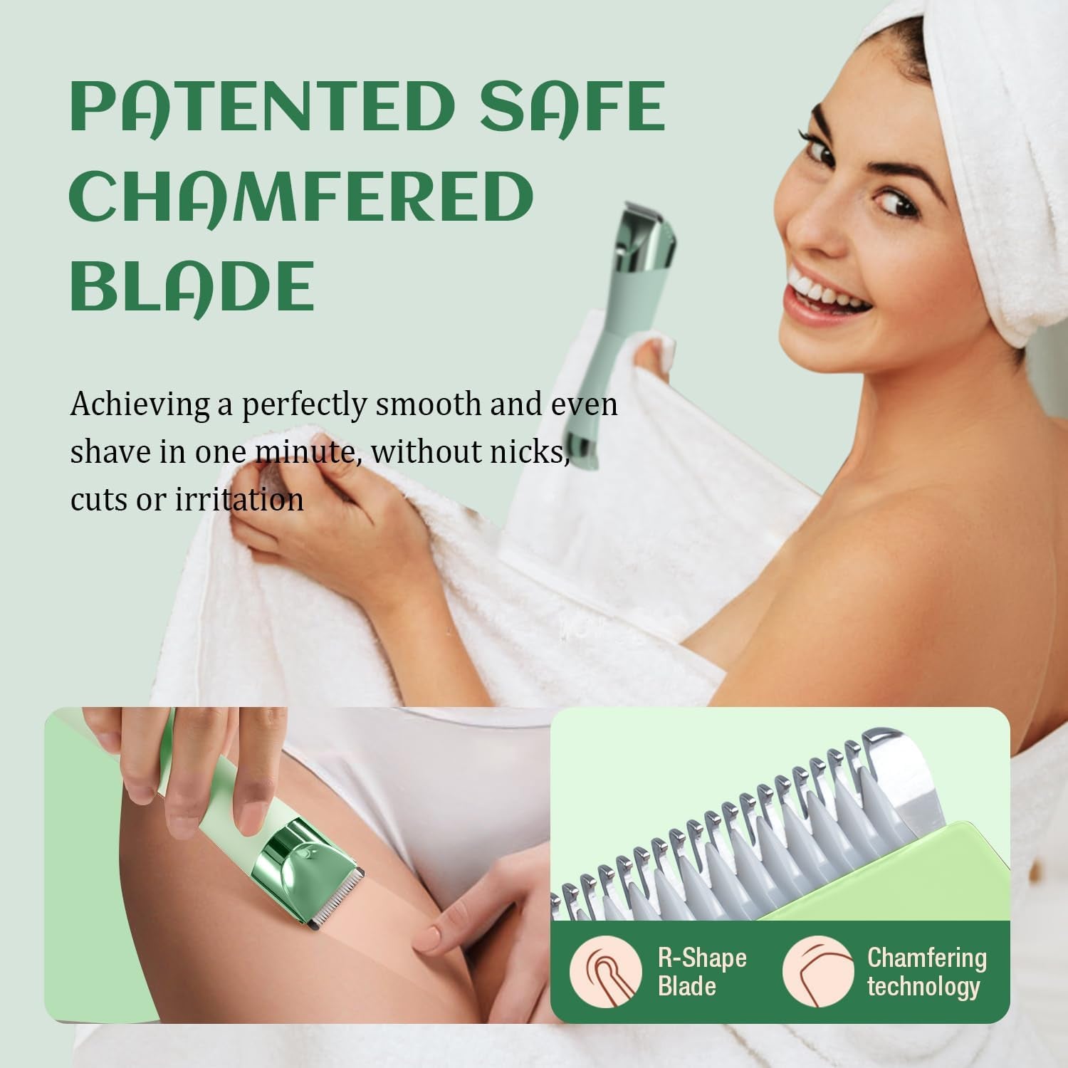 Bikini Trimmer Women - Painless Ladies Hair Removal - Waterproof Wet & Dry - 2 in 1 Lady Shaver for Pubic & Facial Hair - Cordless Electric Razor with USB-C Rechargeable - Green
