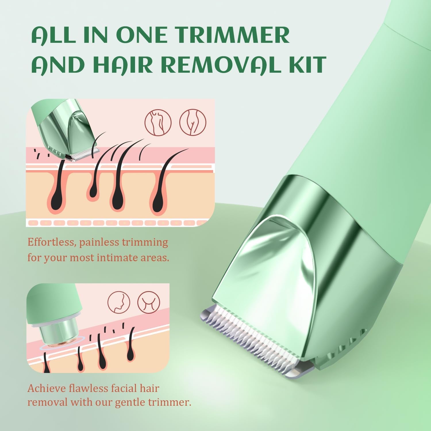 Bikini Trimmer Women - Painless Ladies Hair Removal - Waterproof Wet & Dry - 2 in 1 Lady Shaver for Pubic & Facial Hair - Cordless Electric Razor with USB-C Rechargeable - Green