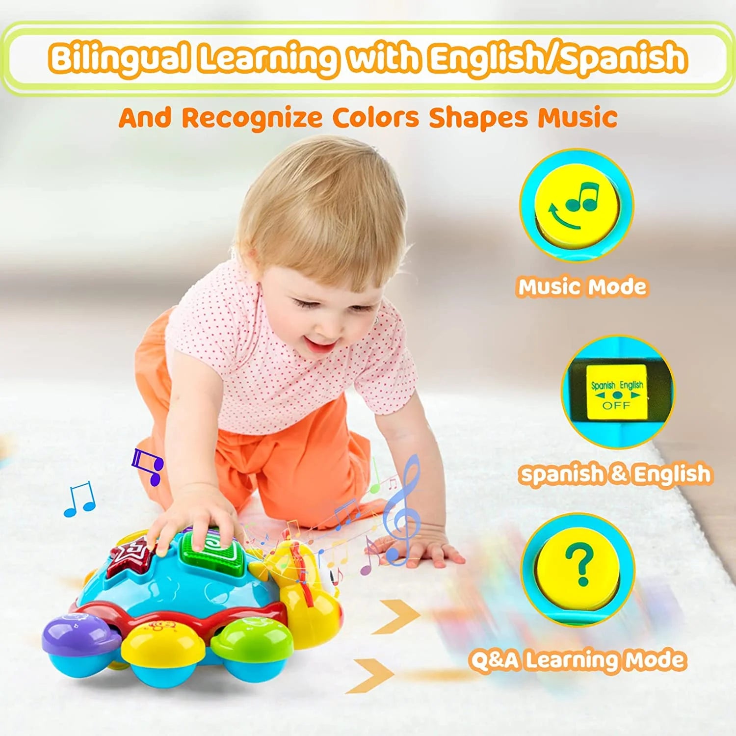 Baby Toys 6 to 12 Months Einstein Musical Toy, Infant Crawling Walking Toy for 6 9 12 18 Month, Bilingual Toys Spanish English Learning Educational Montessori Toys for 1 Year Old Girl Boy