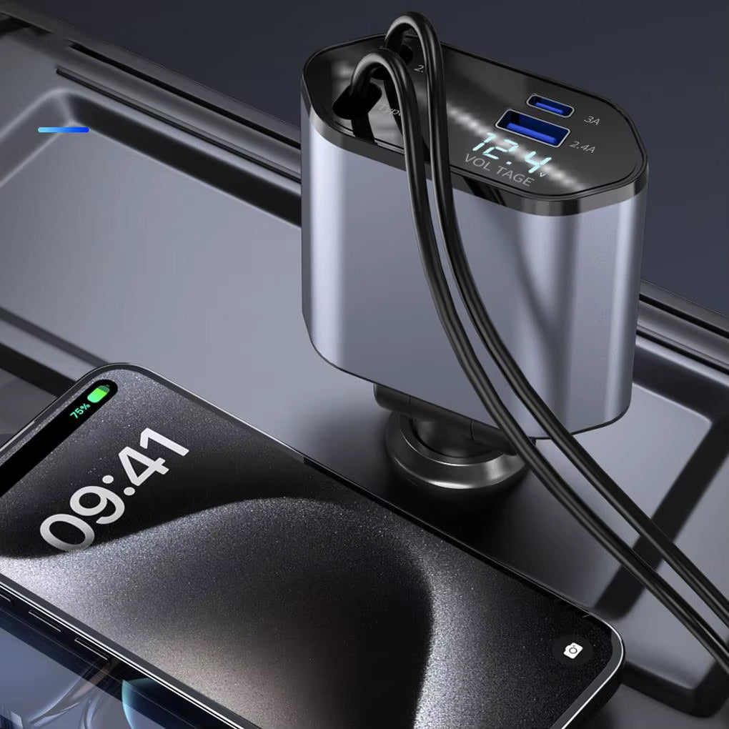 4 in 1 120W Fast Car Phone Charger Retractable Type-C Car Charger USB Car Charger for Iphone Android Galaxy Pixel TCL