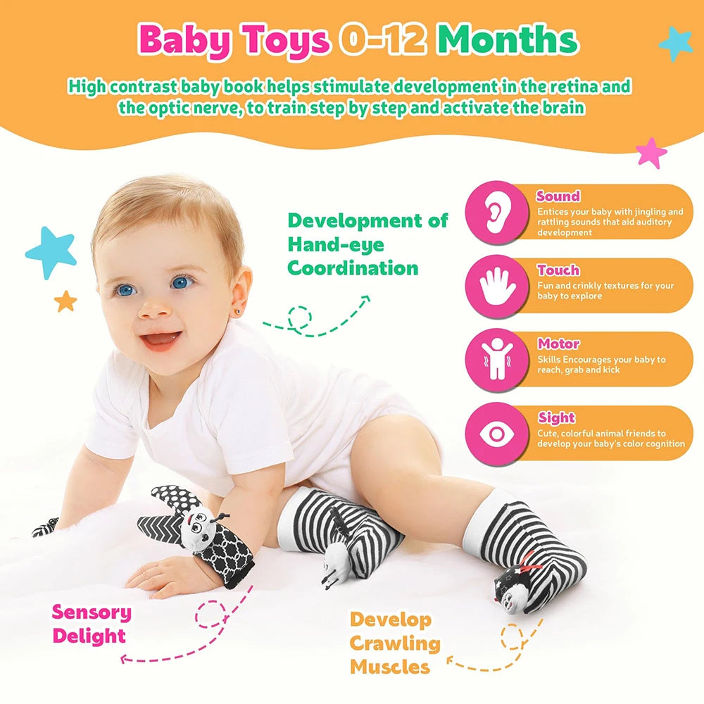 Foot Finders & Wrist Rattles for Infants Toys Black and White Sensory Toys Baby Essentials for Newborn Wrist Rattle Baby Gifts