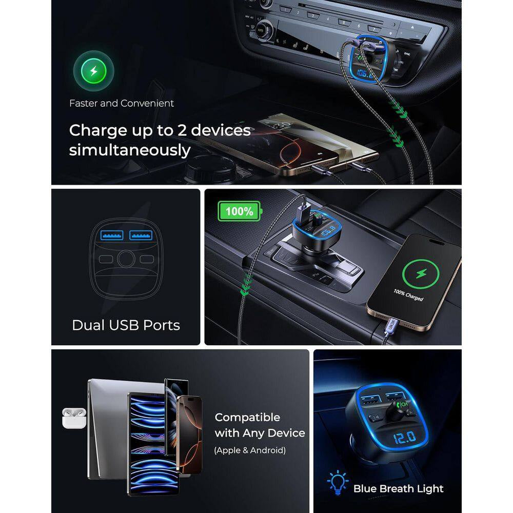 FM Transmitter Car Bluetooth Adapter Wireless Music Adapter W/ 2 USB Port Audio Receiver LED Display and U Disk TF Card